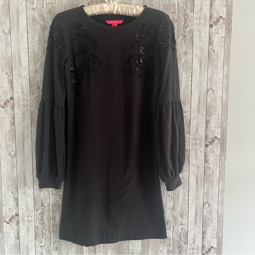 Lilly Pulitzer Bartlett Black Long Sleeve Dress Beaded Comfy Cocktail Dinner XS
